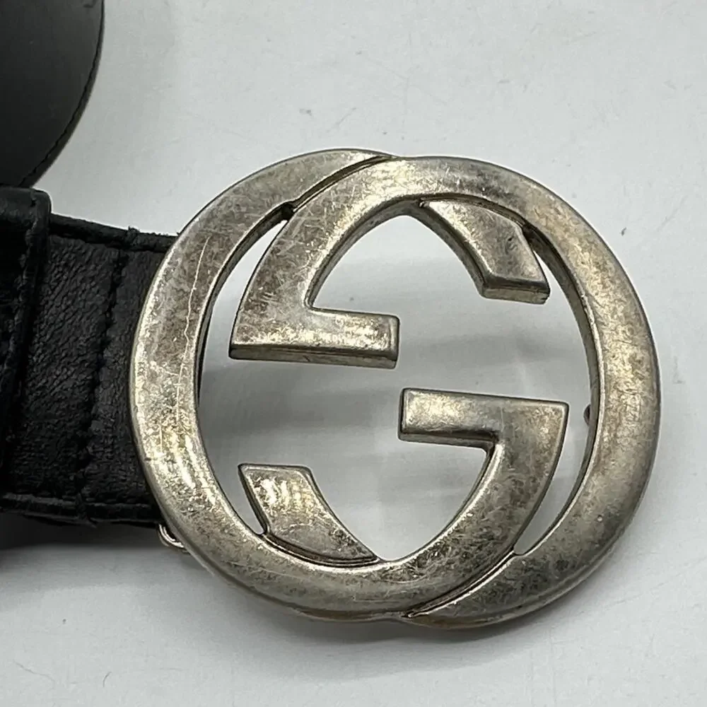 GUCCI Interlocking GG Buckle Leather Silver Black Sz 100/40 $595